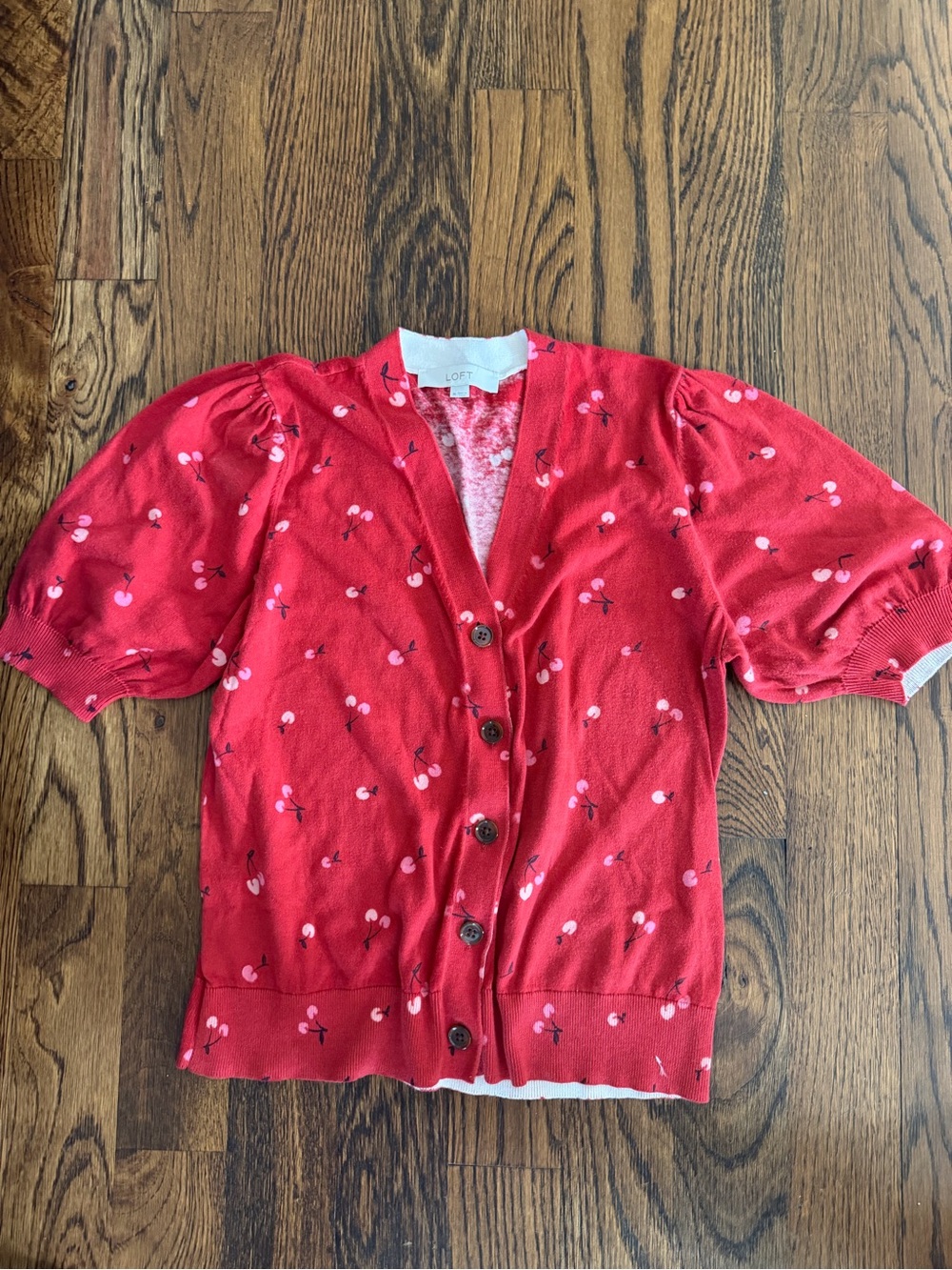 LOFT Red Short-Sleeve Cherry Print Cardigan